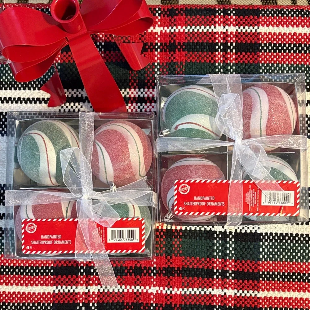 🆕Handpainted Shatterproof “Candy” Ball Ornaments, 2 Sets (8 Total)